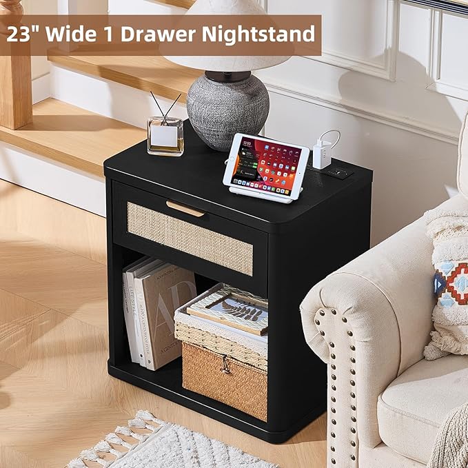 LEYAOYAO Rattan Nightstands Set of 2 with Charging Station, Black Night Stand with Drawer, 23" Wide Boho Bedside Table with Storage Shelf, Bed Side End Tables for Bedroom, Living Room, Hallway