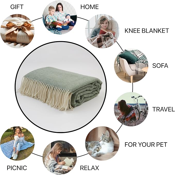 | Wool Blanket/Throw | 100% New Zealand Wool | Perfect for Home and Outdoors | Virgin Wool Throw with Fringes 75"x87" (190 x 220 cm)
