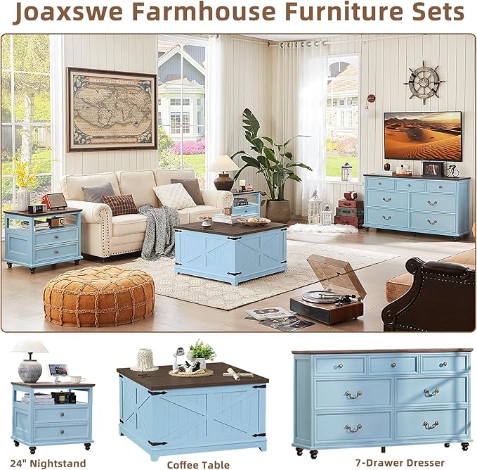 24" Wide Farmhouse Nightstand with Charging Station Set of 2, 54" 7 Drawers Dresser, 45" Tall Rustic Chests of 5 Drawers, Farmhouse Furniture Series for Bedroom,LightBlue