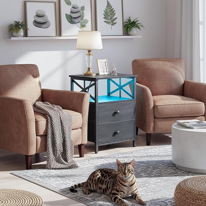 AMHANCIBLE Nightstand with Fast Charging Station, End Table Living Room with USB Charger, Power Outlet, Bed Side Table with Fabric Drawers for Bedroom HET052LBK1