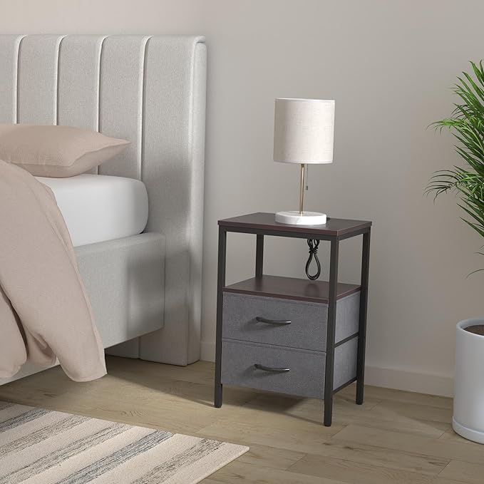 Huuger Nightstands Set of 2, End Tables with Charging Station, Fabric Drawers, Bedside Tables with USB Ports and Outlets, Night Stands for Bedroom, Walnut