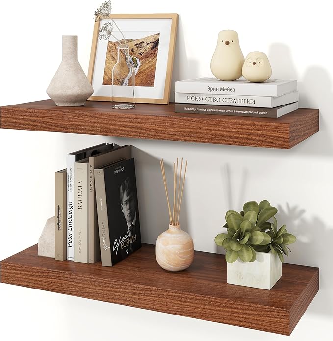 Floating Shelves for Wall, 9.3" Deep Wall Mounted Wood Shelves for Bathroom, Bedroom, Living Room, Kitchen, Hanging Shelf for Books/Storage/Room Decor (Walnut, 24")