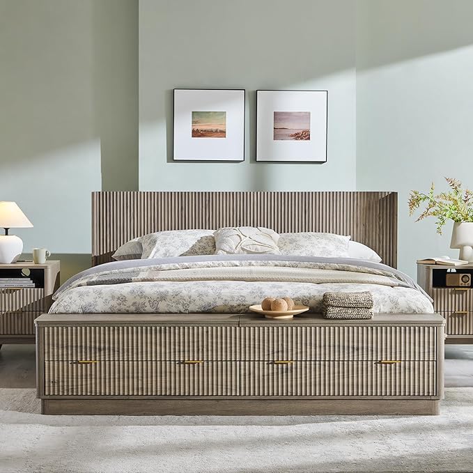 T4TREAM Fluted King Size Bed Frame with Wingback Headboard, Footboard Storage Bench with Built-in Drawers & Lift-Up Compartments, Wood & Steel Platform Bed, No Box Spring Needed, Grey Alder