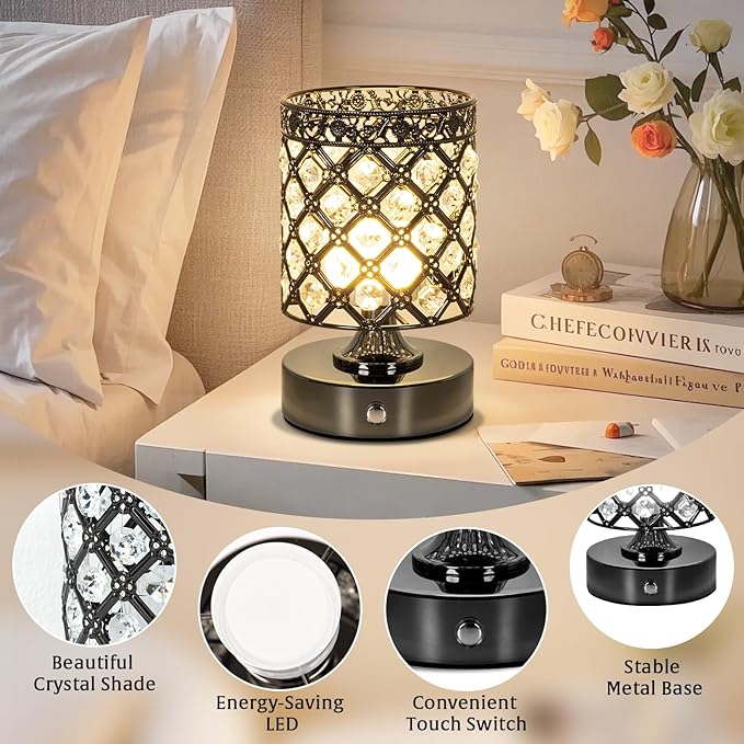 TOBUSA Black Rechargeable Cordless Table Lamp, Portable 6000mAh Crystal Battery Operated Lamp 3000K-4500K-6000K, Stepless Dimmable Bedside Touch Small Desk Lamp, Modern Industrial LED Night Light