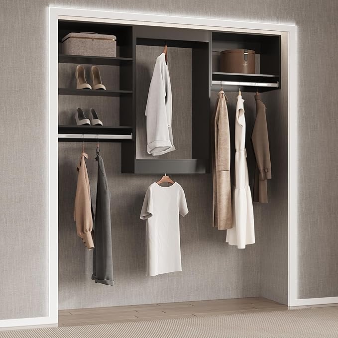 Medium Double Hanging Closet Unit, Modular Closet System, Wood Closet System Organizer with Storage for Walk in Closets, Clothing Rack Closet for Hanging Clothes, Bedroom, Black, 19.5" W
