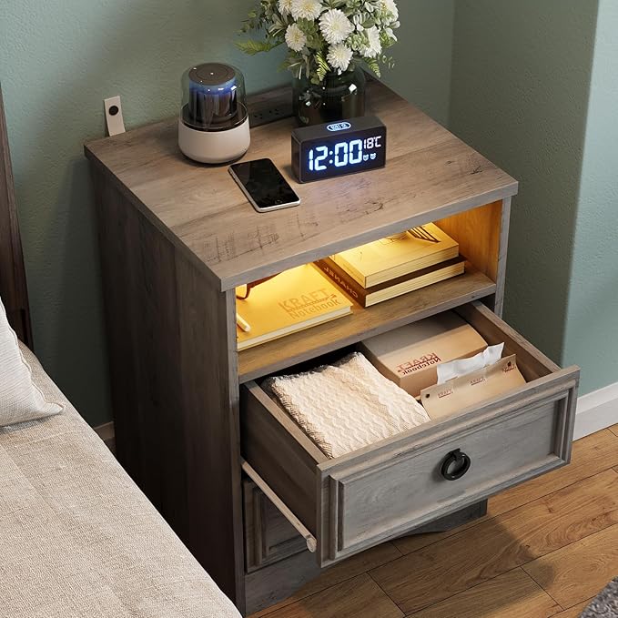 Large Nightstand Set of 2 with Drawers,17.7"W Accent Night Stand with Charger Station LED Lights, Bed Side Table with 2 Drawers, End Table with Easy Open Storage for Bedroom, Living Room,Gray