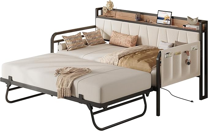 LIKIMIO Daybed with Trundle Bed, Twin XL Bed Frame with Storage Headboard and Charging Station, Sofa Day Bed with Strong Supports for Living Room, Bedroom, and Guest Room, Beige