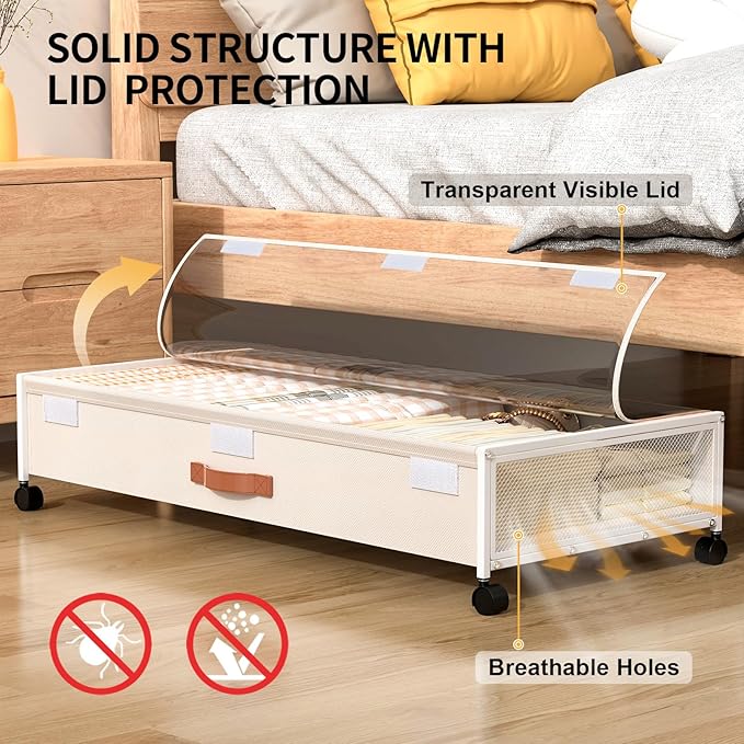 Under Bed Storage with Wheels, XXXL Larger Under Bed Storage Containers with Clear Lids, 36'' Lengthen Under Bed Shoe Organizer for Shoes Clothes(White 2 Pack, XXXL(36"x16.6"x7.48"))