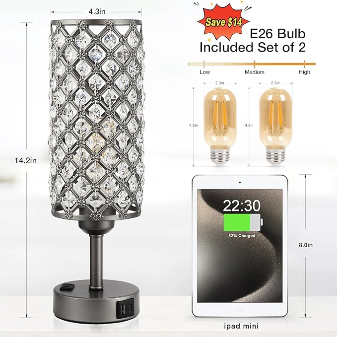 Hong-in Gray Crystal Lamp Touch Control Set of 2, Crystal Table Lamps with USB C+A Ports & AC Outlet, 3-Way Dimmable Nightstand Touch Lamp, Modern Bedside Table Lamp for Bedroom(Bulbs Included)