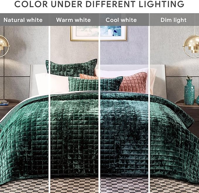 RECYCO Luxury Velvet Quilt Set King Size Bedding Sets, Ultra Soft Velvet Comforter Set, Lightweight Channel Box Stitch Oversized Bedspread Coverlet for All Season, with 2 Shams, Emerald Green