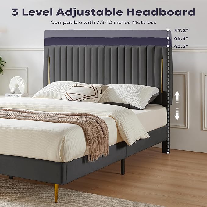 King Platform Bed Frame, Velvet Upholstered Bedframe with Vertical Channel Adjustable Headboard, Golden Plating Trim, Mattress Foundation with Wooden Slats, No Box Spring Needed, Grey