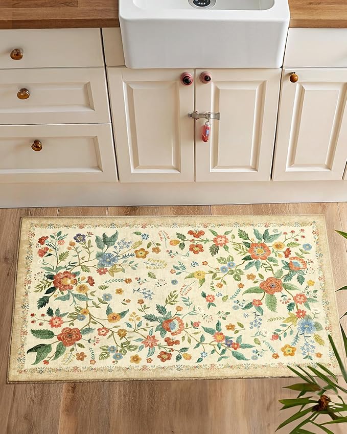 Amada 2x3 Washable Area Rug, Non-Slip & Low-Profile Entryway Rug with Reinforced Edge Binding, Boho Floral Pattern, Soft Small Rugs for Entryway, Kitchen, Living Room