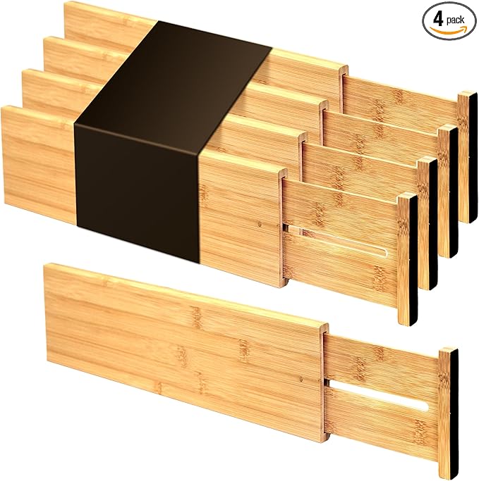 Utoplike Bamboo Drawer Dividers Large, 4'' High Adjustable Kitchen Drawer Organizers for Clothing, Spring Loaded, Works in Bathroom, Bedroom, Dresser, Desk, 4 pcs