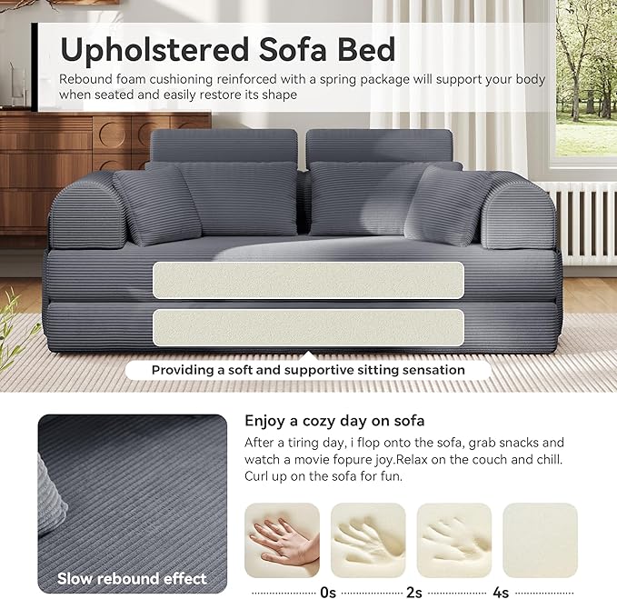 Upgrade High Backrest Design Sofa Bed with Fixed-Shape Frame & Removable Armrests and Backrest, Corduroy Fabric, Convertible Couch for Small Spaces - No Assembly Needed (High Backrest Dark Gray)