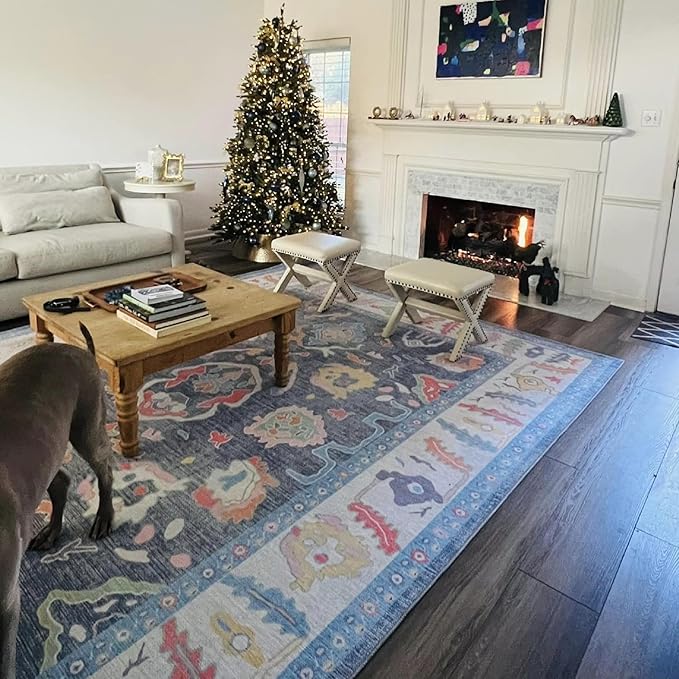 Fame Rugs Blue Modern Oushak Rug 5x7, Washable Vintage Turkish Colorful Oriental Antique Inspired Area Rugs, Luxury Living Room Bedroom (387BNB, 5' x 7')