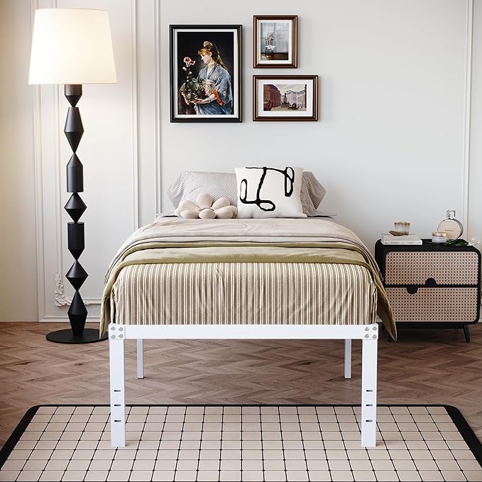 18 Inch White Twin Bed Frame Heavy Duty No Box Spring Needed Metal Platform with Maximum Storage, Easy Assembly, Noise Free