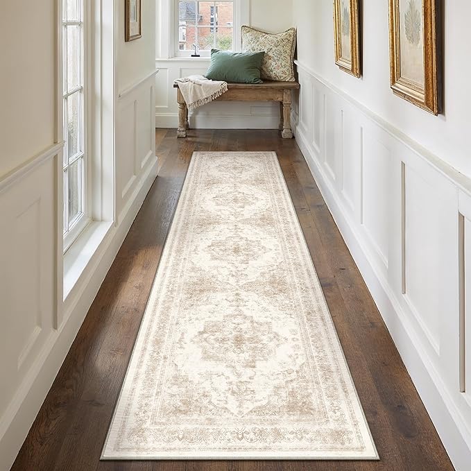 Runner Rug 2x10 Cream Hallway Washable Beige Carpet Non Slip Vintage Medallion Beige Carpet Low Pile Soft Distressed Retro Indoor Long Rug for Entryway Kitchen Bathroom Laundry Bedroom
