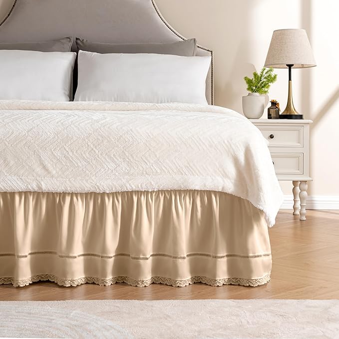 MIYE Wrap Around Ruffled Lace Bed Skirt, Elastic Dust Ruffle with Adjustable Belts, Easy to Put On, Bed Frame Cover, Machine Washable (Floral Lace/Beige, Full/Twin-15 Drop)
