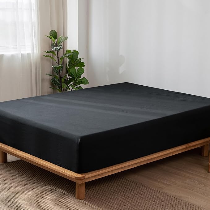 MooMee Fitted Bottom Sheet Only 100% Washed Cotton Linen Like Textured Breathable Durable Soft Comfy Deep Pocket Fits Mattress up to 17" (Black, Twin)