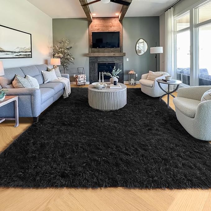 PAGISOFE 6x9 Fluffy Bedroom Rugs Black Modern Living Room Machine Washable Area Rug Fuzzy Shaggy Carpet Indoor Plush Nursery Rugs for Kids Room Furry Floor Rug for Boys Carpet for Teen Dorm Room Decor