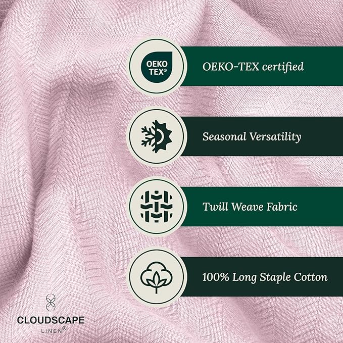 Cloud Scape Linen 100% Cotton Blanket King 92x108 Seashell Pink- Cozy Herringbone Weave, Fits Up to Cal King Beds, Breathable Softness, All-Season Warmth, Heavy Layering Winter Blanket