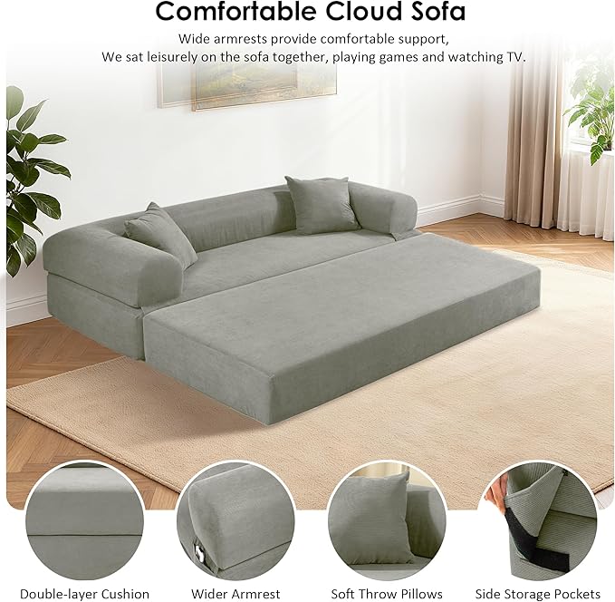 80" Convertible Sofa Bed, No Assembly Modern Boneless Compression Sofa in Box, 3-in-1 Corduroy Folding Pull Out Couch with Pillows, Floor Couch with Side Storage Pocket for Living Room,Light Grey