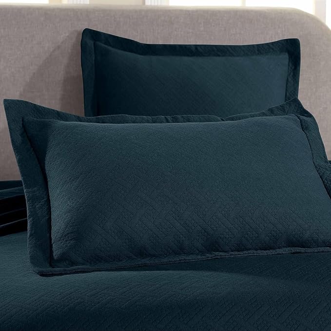 Superior 100% Cotton Basket Weave Bedspread with Shams, All-Season Premium Cotton Matelasse Jacquard Bedding, Quilted-Look Geometric Basket, King, Deep Sea