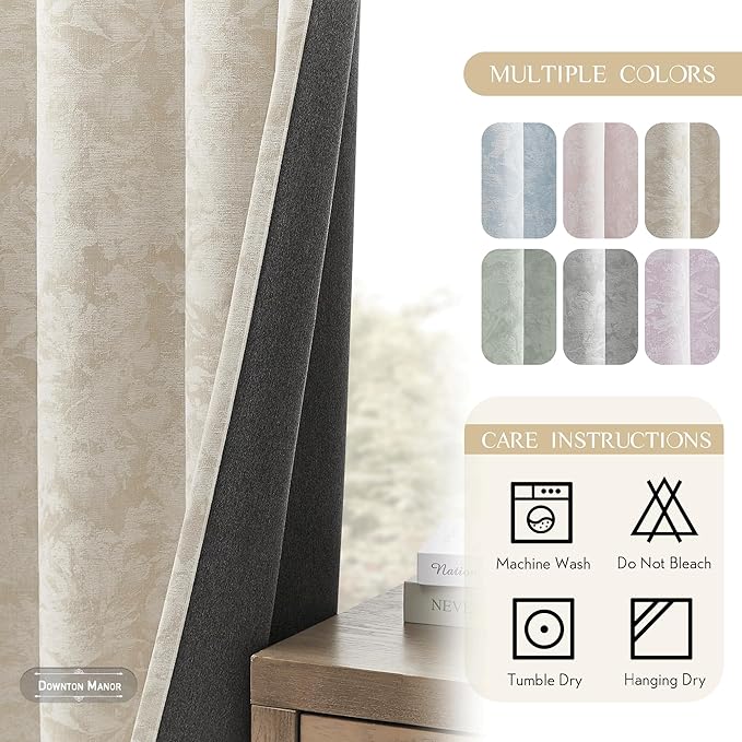 Beauoop Beige Floral Jacquard Blackout Curtains 72 Inches Long 2 Panels for Bedroom Living Room Taupe Flower Chenille Room Darkening Thermal Insulated Soundproof Grommet Window Treatments Drapes 52x72