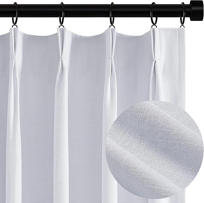 Topfinel White 100% Blackout Curtains 84 Inch Long 2 Panels Set, Pinch Pleat Flax Linen Room Darkening Sound Block Drapes with Hooks Rings for Track System Bedroom Living Room