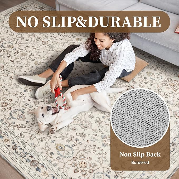 MontVoo-Vintage Area Rug 9X12 Beige Rugs for Living Room-Soft Distressed Printed Rugs for Bedroom-Non Slip Carpet-Machine Washable Rug for Dining Room Living Room Bedside Office