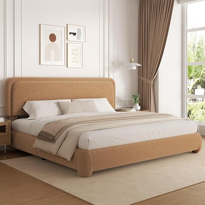 King Size Boucle Platform Bed Frame, Upholstered Cloud with Adjustable Headboard, Anti-Collision Soft Rounded Corners, No Box Spring Required, Easy Assembly, Noise Free
