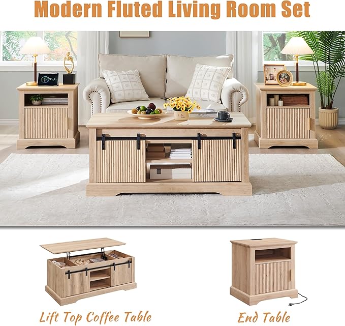 22" Large Fluted Nightstand with Charging Station, Modern End Table, Wood Side Table w/Open Shelf & Spacious Tabletop, Bedside Table with Storage Space for Bedroom, Living Room-Natural