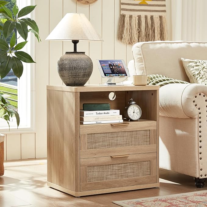 LEYAOYAO Rattan Dresser and Nightstand Set of 3, Boho Wood Dresser for Bedroom with 6 Drawers and Night Stand with Charging Station, Bedroom Furniture, Dressers & Chests of Drawers,Hallway,Living Room