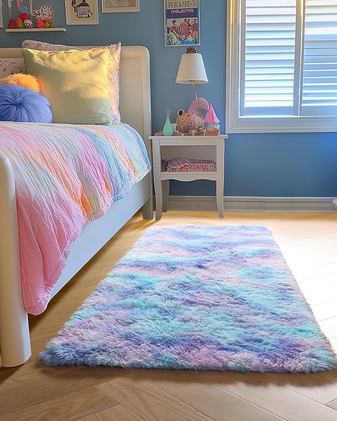 PAGISOFE Furry Rainbow Rugs for Bedroom Girls, 2x4 Soft Purple Shag Tent Rugs for Livingroom, Bedside, Kids Room, Nursery, Home Decor, Fluffy Fuzzy Carpet Plush Mermaid Kawaii Throw Rug Pink Rug