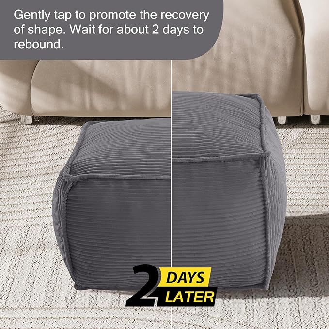 MeMoreCool Square Stuffed Pouf Ottoman Foot Rest, Corduroy Floor Pouf Foot Stool with Foam Chunk Filling, Soft Stuffed Ottoman Footrest for Living Room, Dark Grey