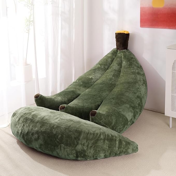 Banana Bean Bag Chair with Ottoman, Floor Sofa Bed with Footrest, Comfy Convertible Lounger for Adults, Plush Couch for Bedroom, Living Room or Dorm, L-DarkGreen