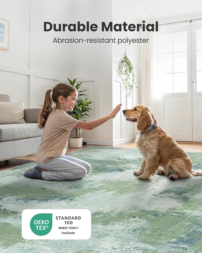 AMADA HOMEFURNISHING 8x10 Area Rugs for Living Room, Modern Abstract Washable Rug with Non-Slip Backing & Low Pile, Large Rug with Abstract Pattern for Bedroom, Dinning Room, Home Office, Green