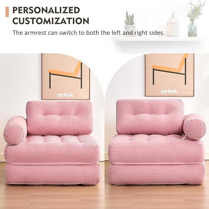 Plus Futon Sofa Bed for Small Spaces, Floor Couch with Armrest, Folding Sofa Couch, Convertible Sleeper Chair Bed with Pillow, Portable Comfy Floor Lounge for Living Room and Bedroom, Pink