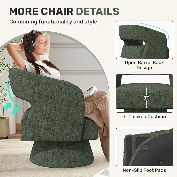 Swivel Accent Chair, Modern Comfy Chenille Barrel Chairs, Oversized Upholstered Round Arm Chair for Living Room, Bedroom, Reading Room, Green, 1 PCS