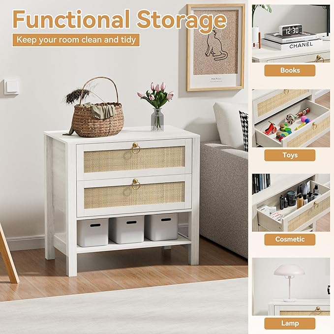 White Nightstand with 2 Drawers and Storage Shelf, 26” Tall Boho Night Stand, Wood Large Bedside Table with Golden Handle for Bedroom, Side Table, White Cream Oak
