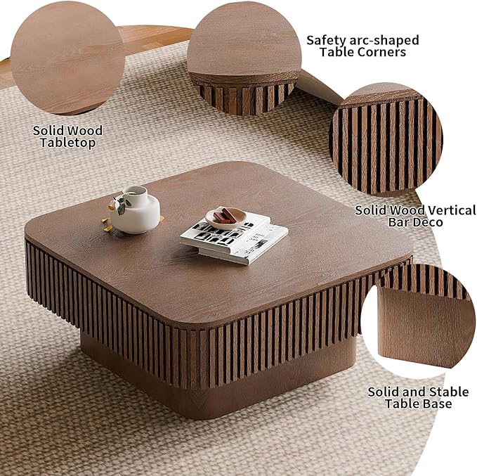 LKTART Coffee Table for Living Room, Accent Fluted Square Coffee Table with Hidden Storage, Modern Solid Wood Veneered Circle Center Tea Table for Small Space Apartment (31.5''D×14''H-Walnut)
