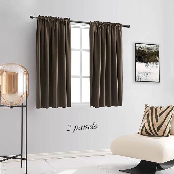DONREN 48 Inch Length Short Curtains for Kitchen - Small Window Treatment Rod Pocket Blackout Curtain Drapes (1 Pair,Chocolate Brown,52 Inches Wide by 48 Inches Long)
