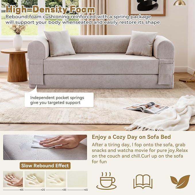 Convertible Folding Sofa Bed,78.5 Inch Faux Leather Futon Couch with Pillows & Storage Pocket,5-in-1 Queen Sleeper Sofa in a Box with Pull Out Bed,Boneless Couch for Living Room Bedroom,Beige