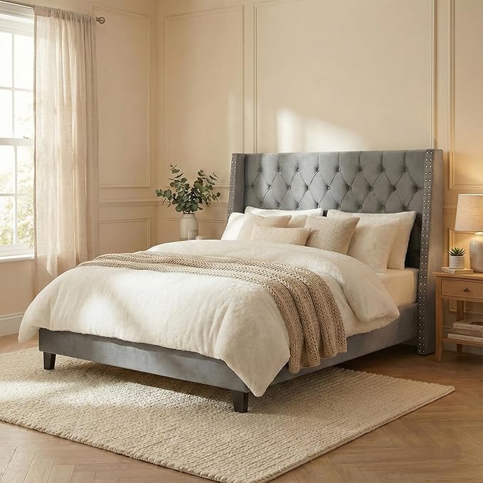 Queen Bed Frame Velvet, 47.2" Tall Wingback Headboard with Tufted Nailhead Trim, Upholstered Platform Bed with Sturdy Wood Slats, Robot Vacuum Friendly, No Box Spring Needed, Grey