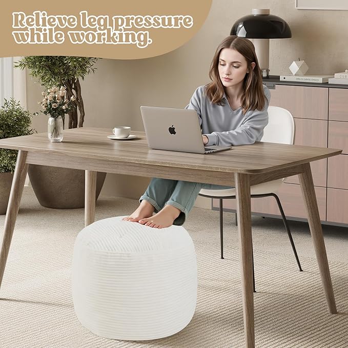 MeMoreCool Round Pouf Ottoman – Beige Corduroy Footrest with Foam Filling Compact Foot Stool for Couch, Living Room Decor, Dorms & Small Spaces