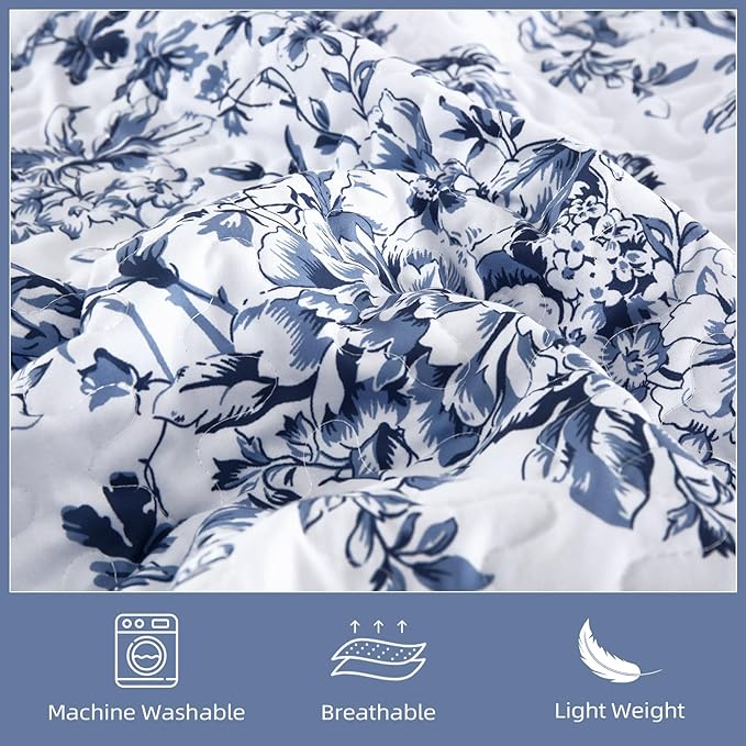WONGS BEDDING Quilt Queen Size, Blue Quilt Bedding Set with 2 Pillowcases, Botanical Quilts for Queen Bed, Soft Microfiber Lightweight Coverlet Bedspread for All Season (96"×90", 3 Pieces)