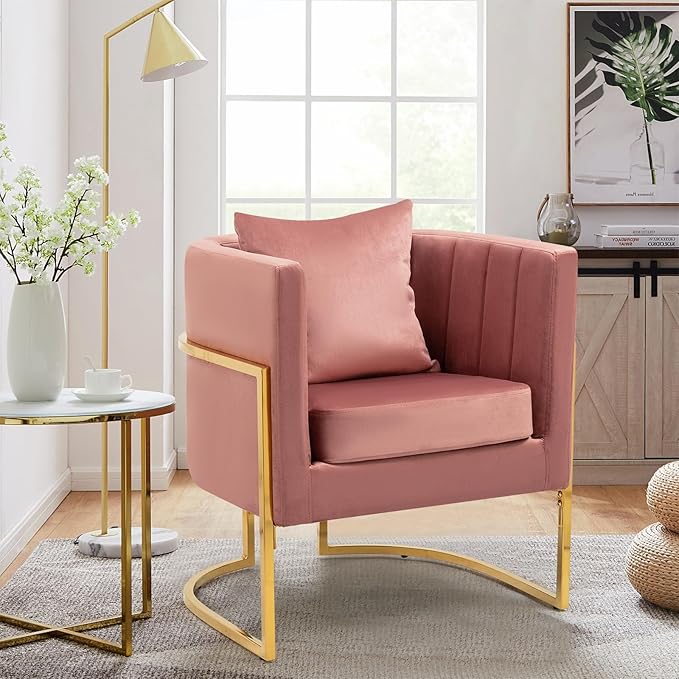 Velvet Modern Accent Chairs Set of 2, Upholstered Barrel Armchair Mid Century with Pillow for Living Room, Comfy Single Vanity Chair with Metal Gold Legs for Bedroom, Pink