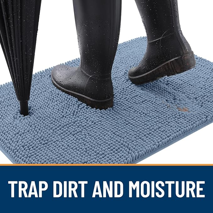 OLANLY Dog Door Mat for Muddy Paws 54x24, Absorbs Moisture and Dirt, Absorbent Non-Slip Washable Doormat, Quick Dry Chenille Mud Mat for Dogs, Entry Indoor Entryway Carpet for Inside Floor, Airy Blue
