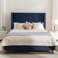 Queen Size Upholstered Bed Frame, 54" Tall Headboard Platform Bedframes with Nail Head Decorative Wingback, Hand Buttoned Tufting Headboard Beds/No Box Spring Needed/Minimalism, Blue Velvet