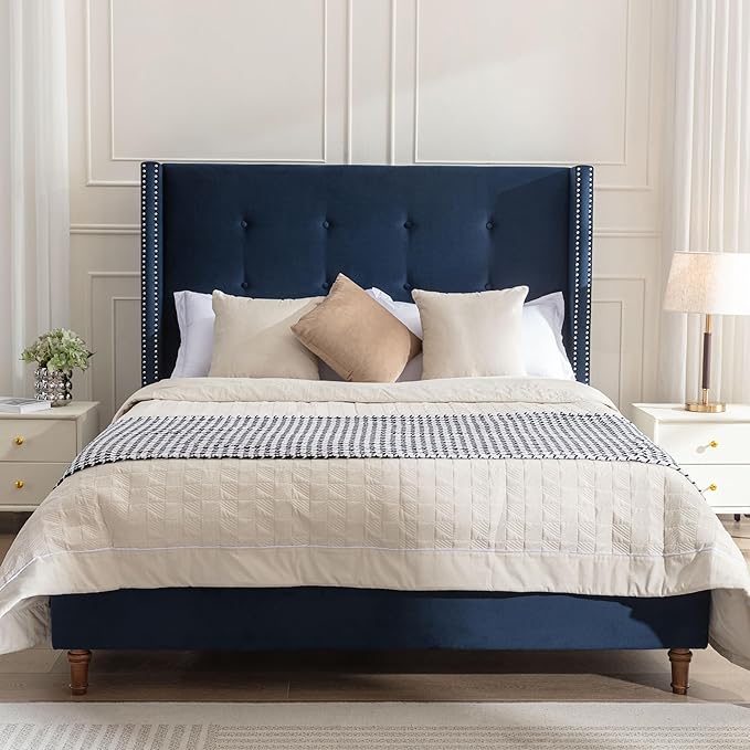 Queen Size Upholstered Bed Frame, 54" Tall Headboard Platform Bedframes with Nail Head Decorative Wingback, Hand Buttoned Tufting Headboard Beds/No Box Spring Needed/Minimalism, Blue Velvet